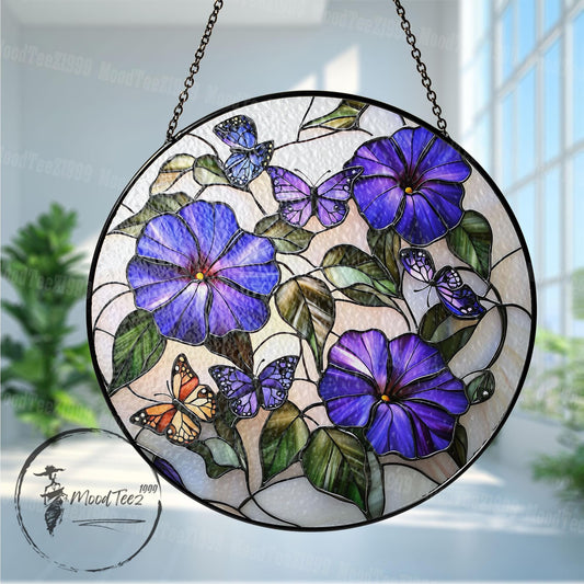 Stained Glass Morning Glory & Butterfly Suncatcher: Vibrant Window Art