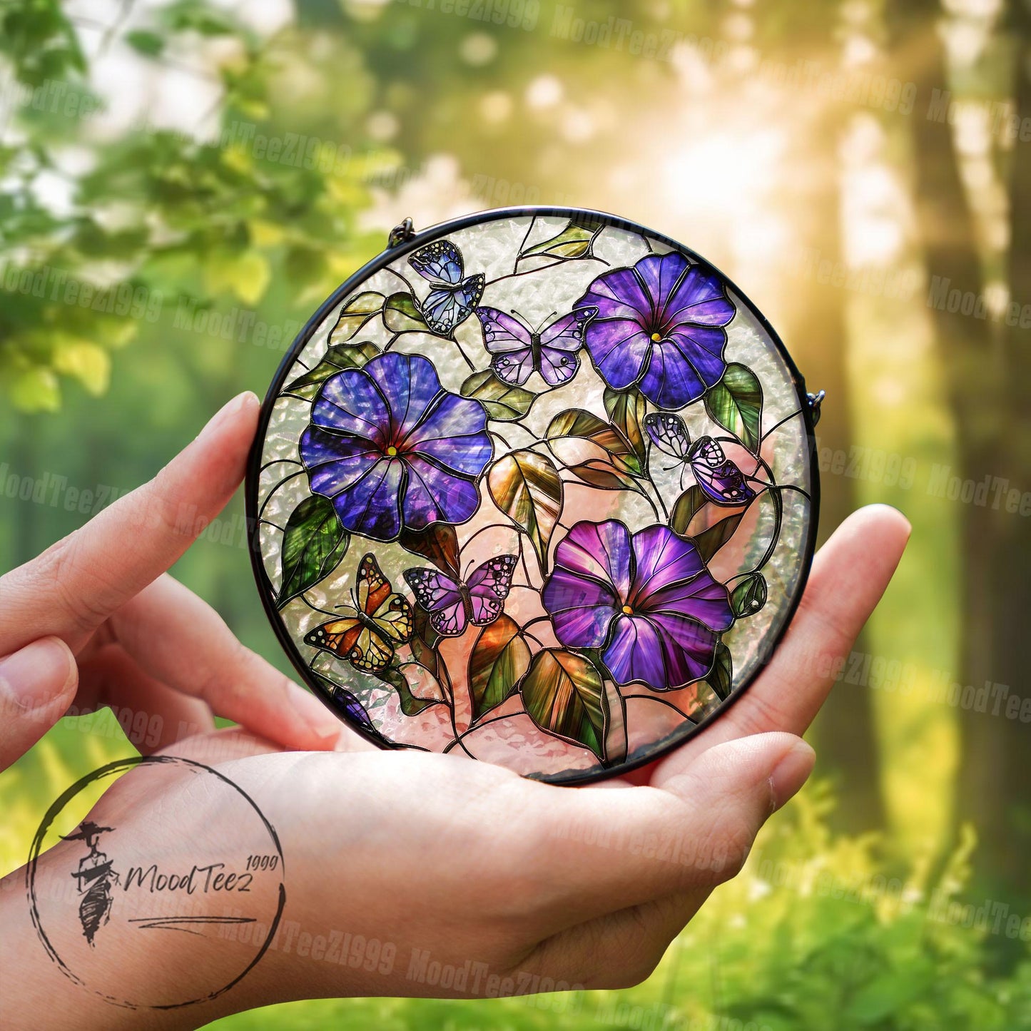 Stained Glass Morning Glory & Butterfly Suncatcher: Vibrant Window Art