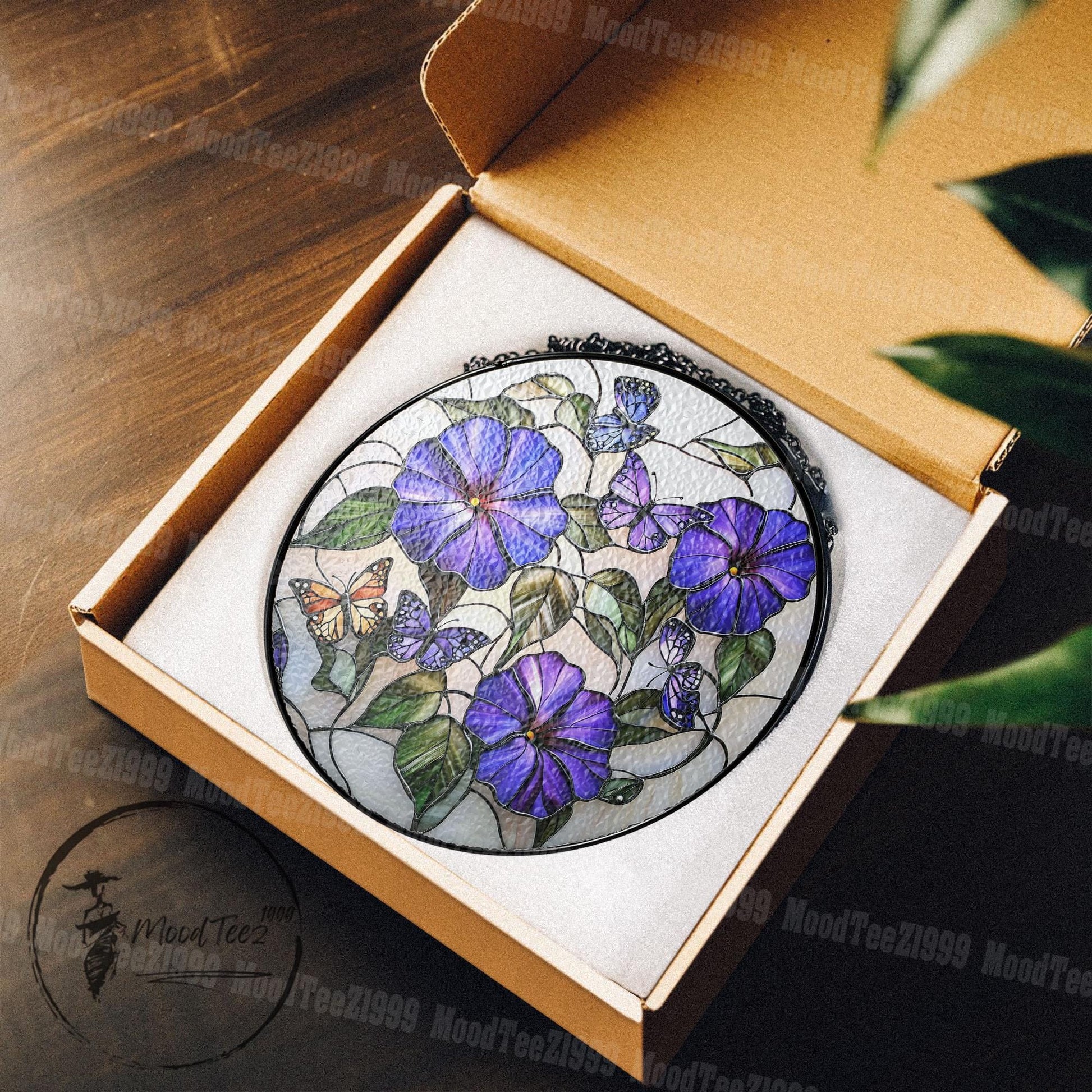 Stained Glass Morning Glory & Butterfly Suncatcher: Vibrant Window Art