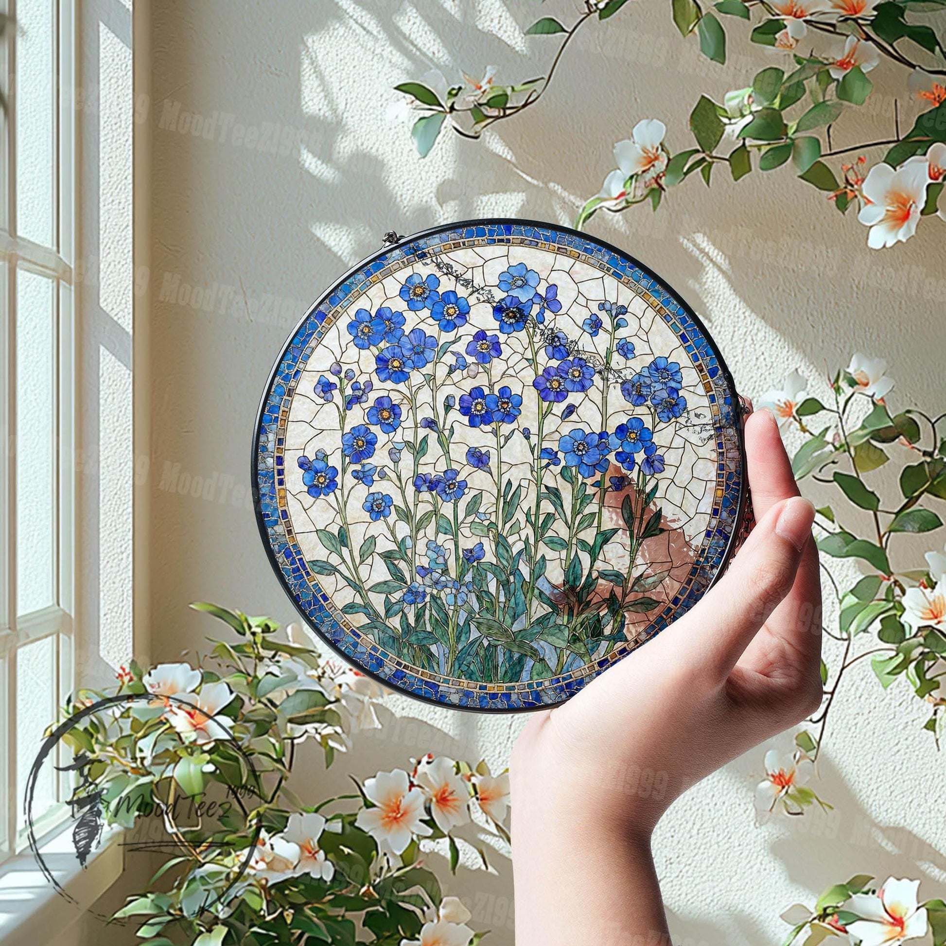 Forget-Me-Not Stained Glass Suncatcher: Floral Window Decor