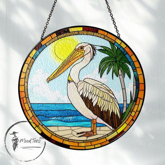 Stained Glass Pelican Suncatcher: Handcrafted Coastal Beach Decor