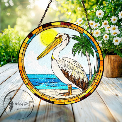 Stained Glass Pelican Suncatcher: Handcrafted Coastal Beach Decor