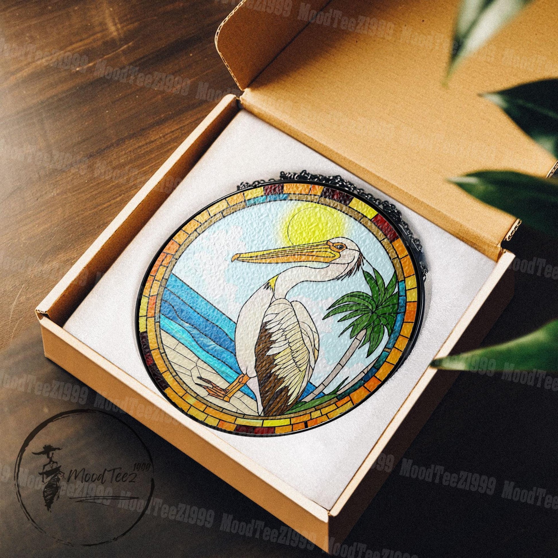 Stained Glass Pelican Suncatcher: Handcrafted Coastal Beach Decor