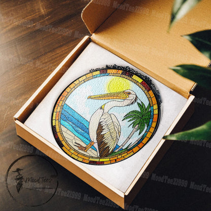 Stained Glass Pelican Suncatcher: Handcrafted Coastal Beach Decor