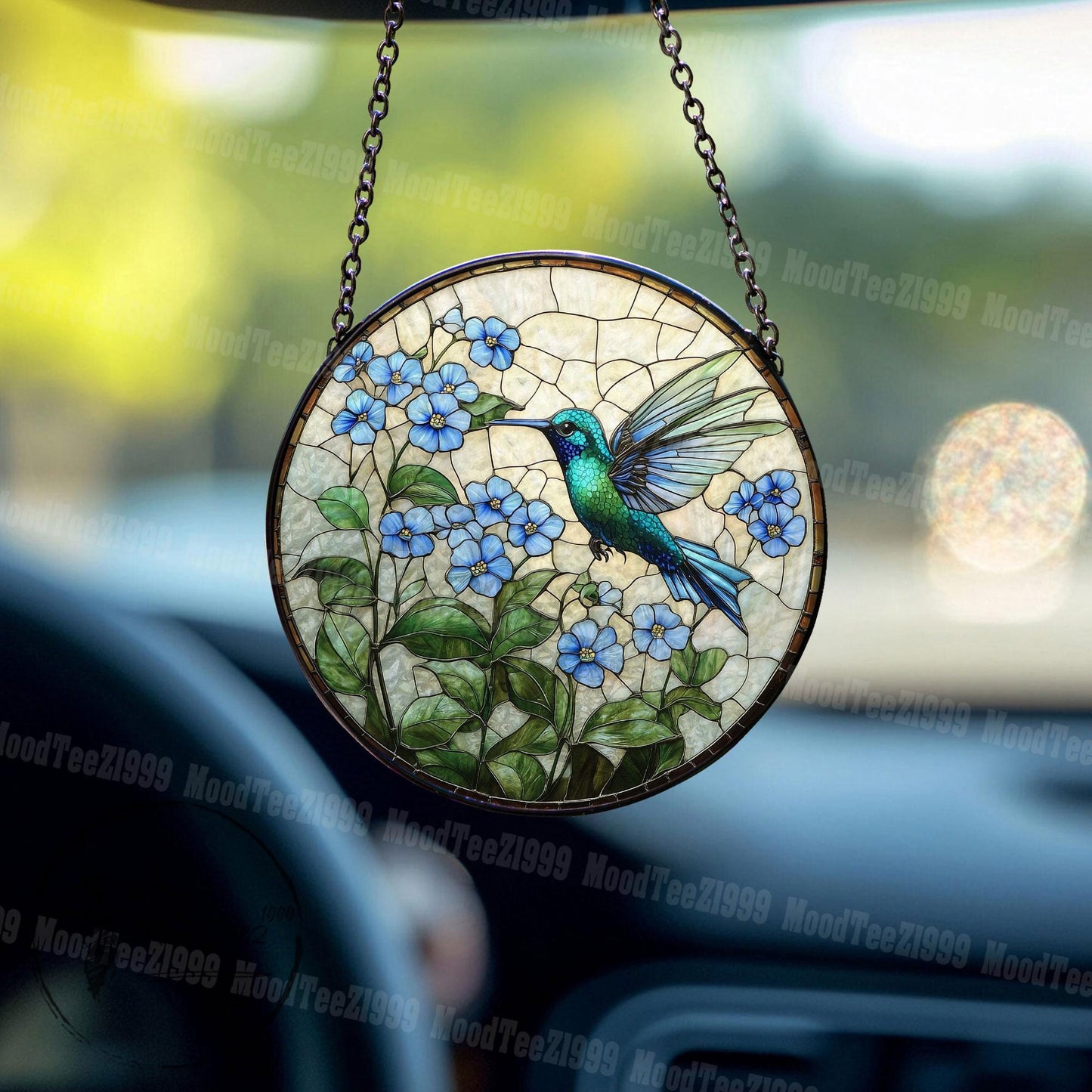 Hummingbird & Forget Me Not Stained Glass Suncatcher: Floral Window Art
