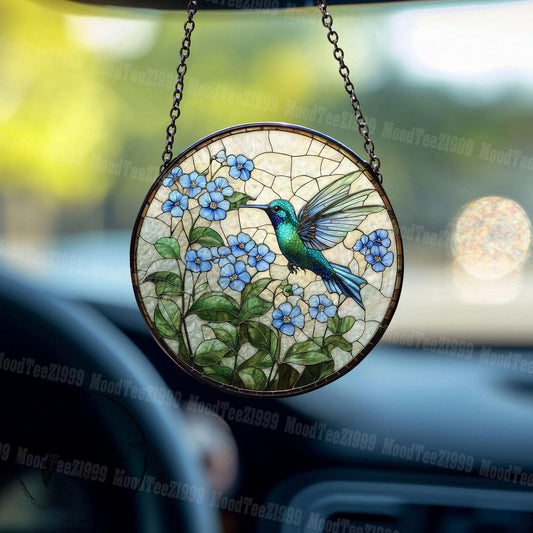 Hummingbird & Forget Me Not Stained Glass Suncatcher: Floral Window Art