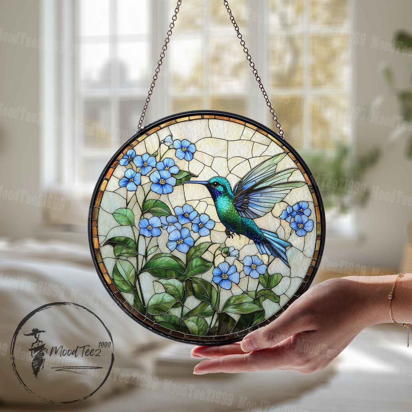 Hummingbird & Forget Me Not Stained Glass Suncatcher: Floral Window Art