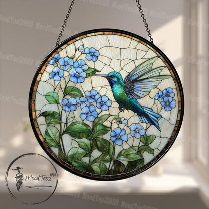 Hummingbird & Forget Me Not Stained Glass Suncatcher: Floral Window Art