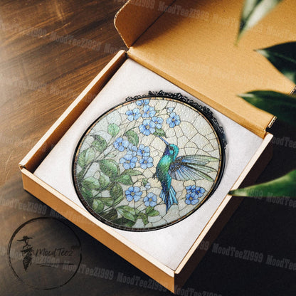 Hummingbird & Forget Me Not Stained Glass Suncatcher: Floral Window Art