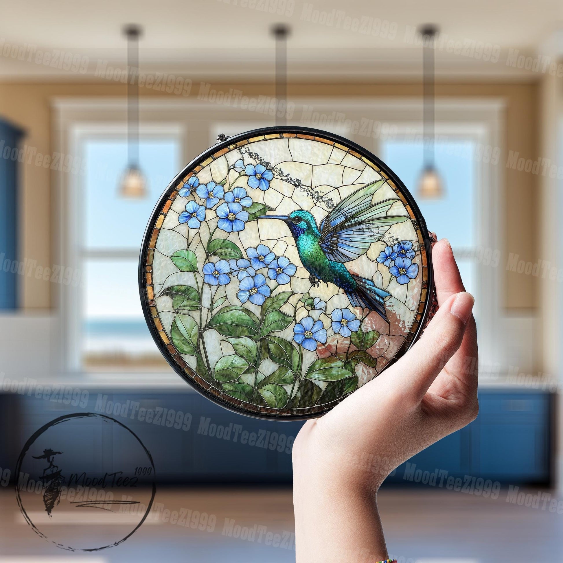 Hummingbird & Forget Me Not Stained Glass Suncatcher: Floral Window Art