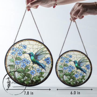 Hummingbird & Forget Me Not Stained Glass Suncatcher: Floral Window Art
