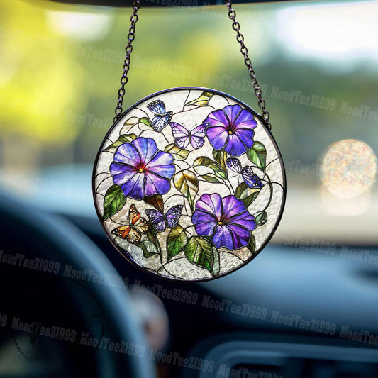 Stained Glass Morning Glory & Butterfly Suncatcher: Vibrant Window Art