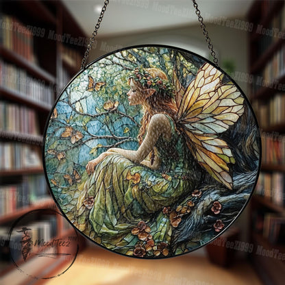 Fairy Stained Glass Suncatcher: Enchanting Nature Art Window Hanging