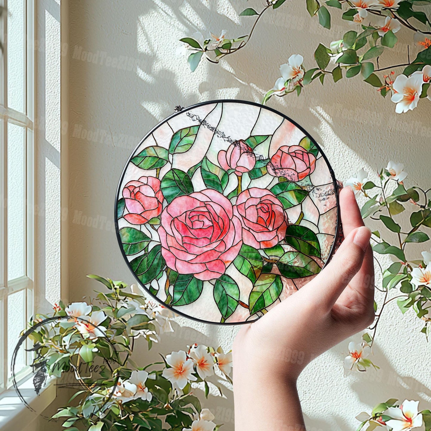 Handmade Roses Stained Glass Suncatcher: Floral Window Hanging