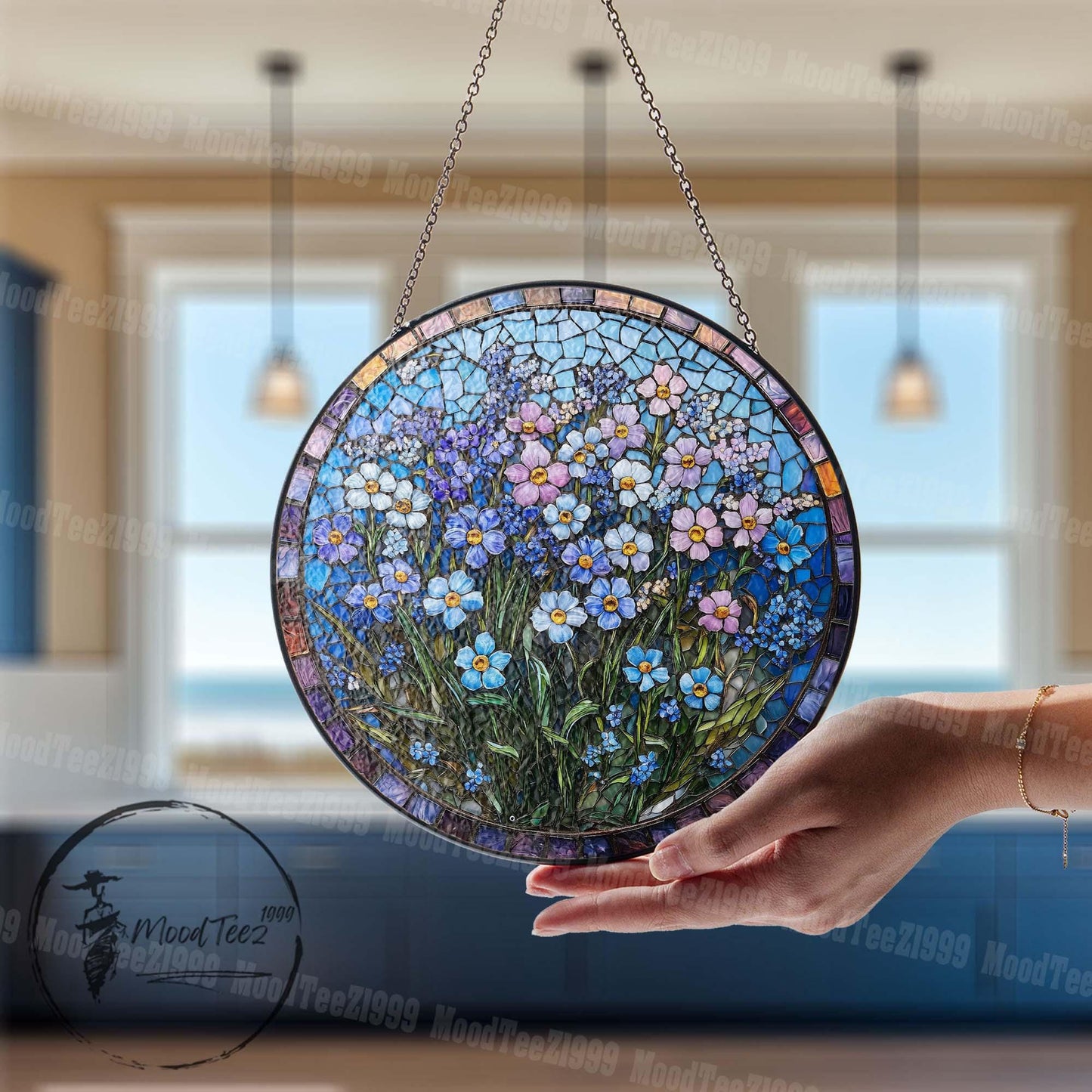 Forget-Me-Not Stained Glass Suncatcher: Floral Mosaic Window Hanging