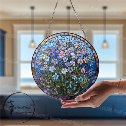 Forget-Me-Not Stained Glass Suncatcher: Floral Mosaic Window Hanging