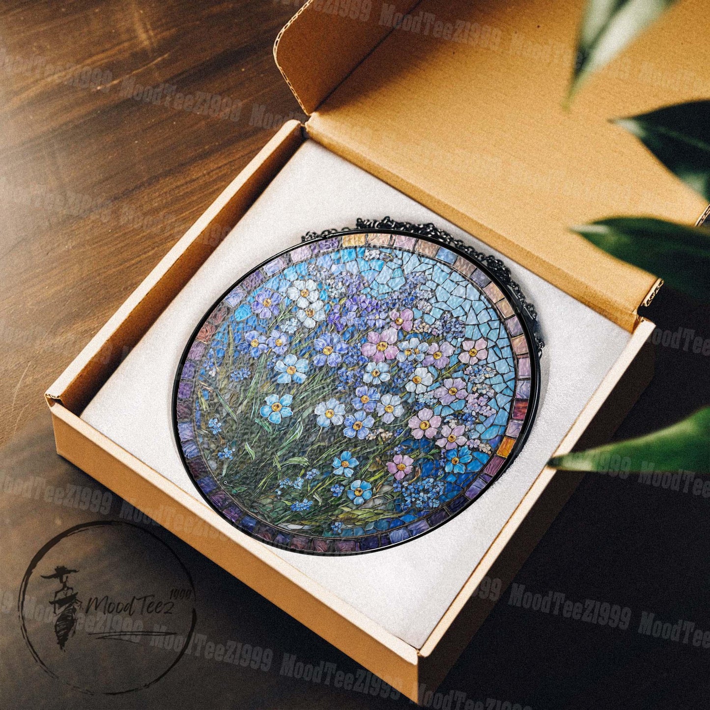 Forget-Me-Not Stained Glass Suncatcher: Floral Mosaic Window Hanging