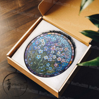Forget-Me-Not Stained Glass Suncatcher: Floral Mosaic Window Hanging