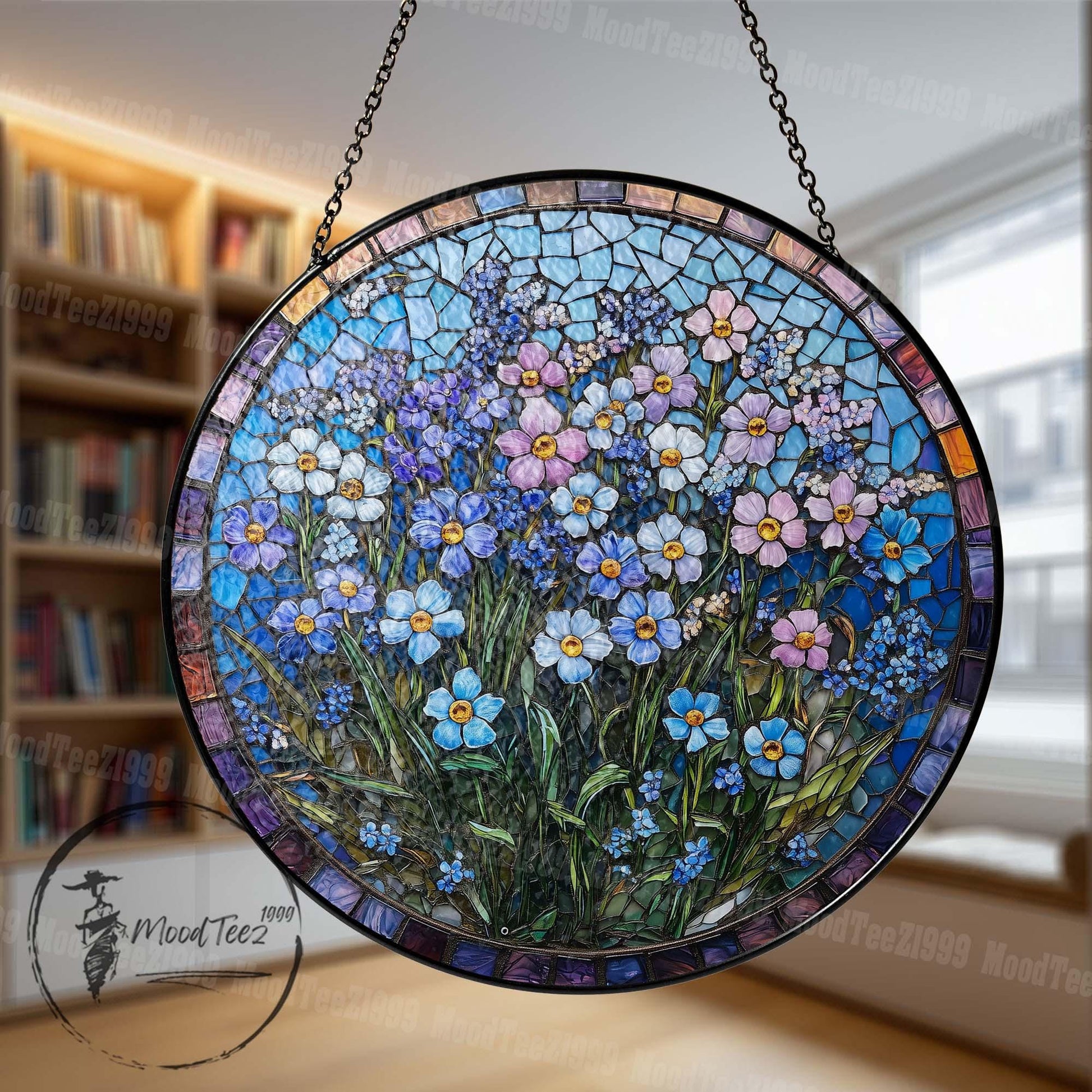 Forget-Me-Not Stained Glass Suncatcher: Floral Mosaic Window Hanging