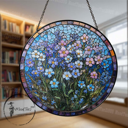 Forget-Me-Not Stained Glass Suncatcher: Floral Mosaic Window Hanging