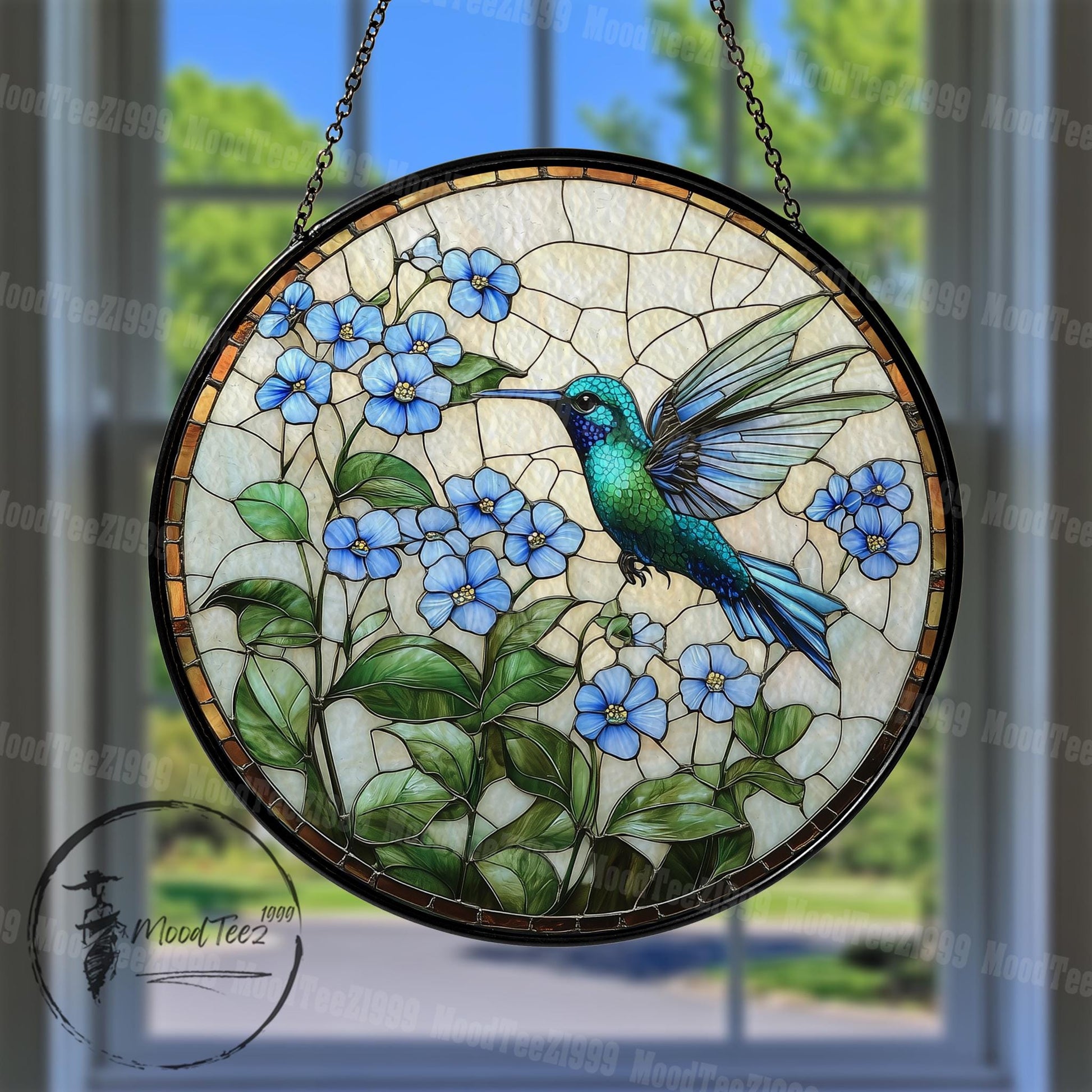 Hummingbird & Forget Me Not Stained Glass Suncatcher: Floral Window Art