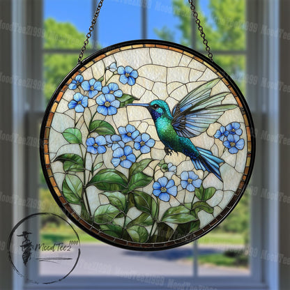 Hummingbird & Forget Me Not Stained Glass Suncatcher: Floral Window Art