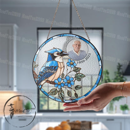 Custom Blue Jay Stained Glass Suncatcher: Personalized Memorial Gift