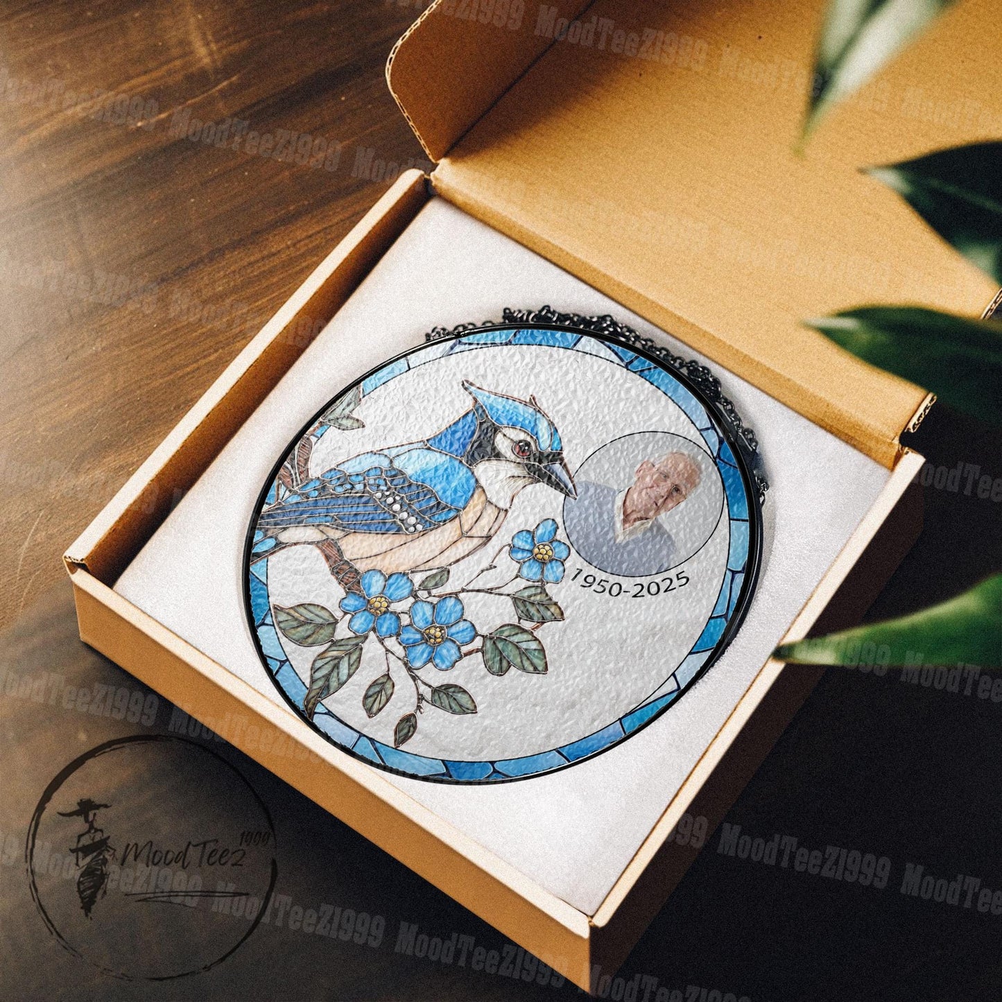 Custom Blue Jay Stained Glass Suncatcher: Personalized Memorial Gift