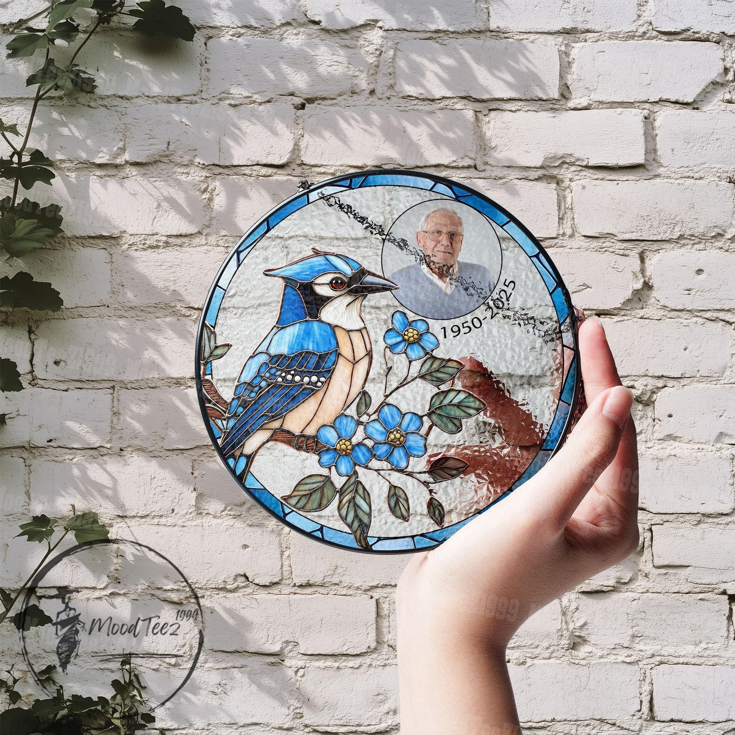 Custom Blue Jay Stained Glass Suncatcher: Personalized Memorial Gift