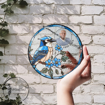 Custom Blue Jay Stained Glass Suncatcher: Personalized Memorial Gift