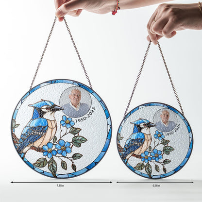 Custom Blue Jay Stained Glass Suncatcher: Personalized Memorial Gift