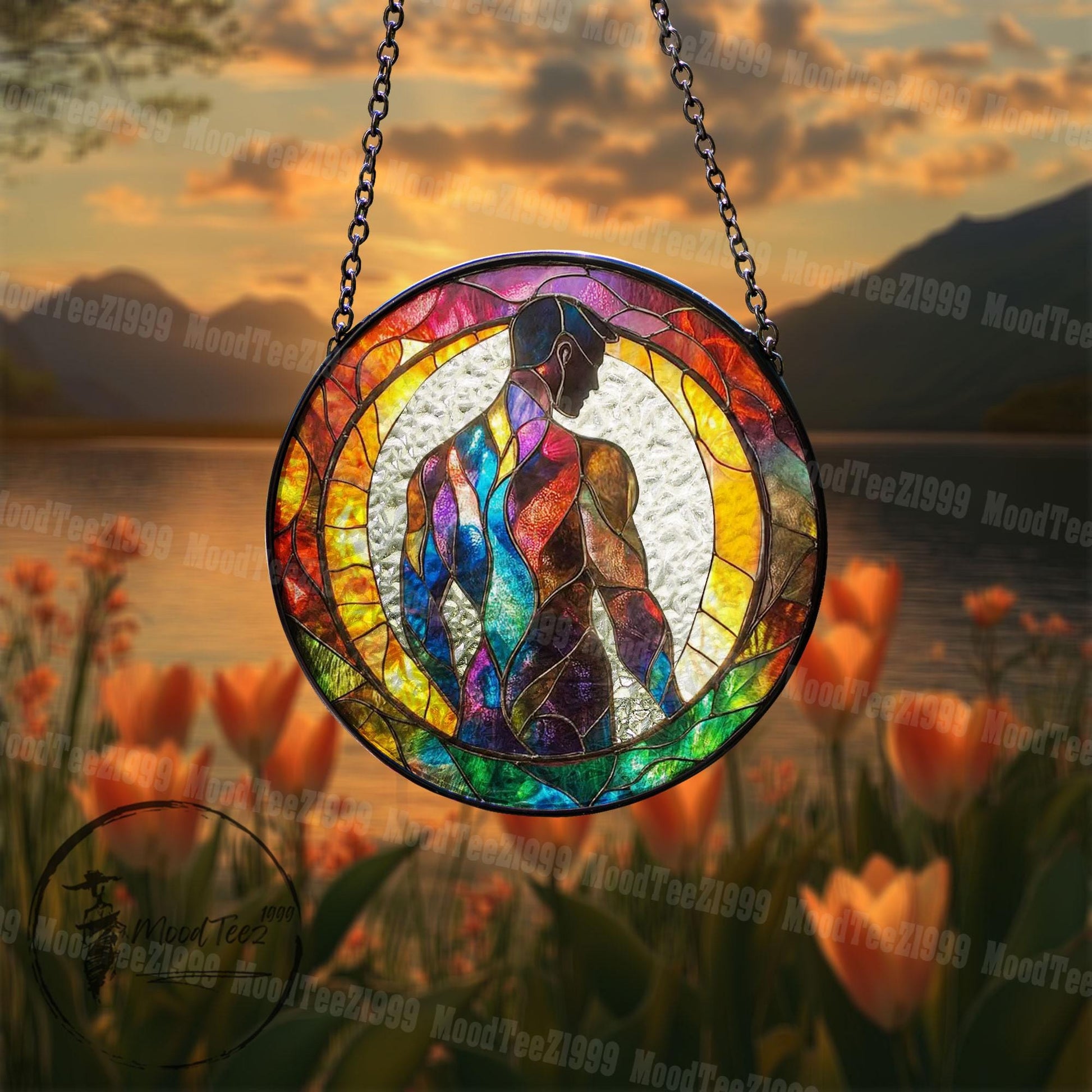 Abstract Stained Glass Suncatcher: Rainbow Male Figure, LGBTQ Decor