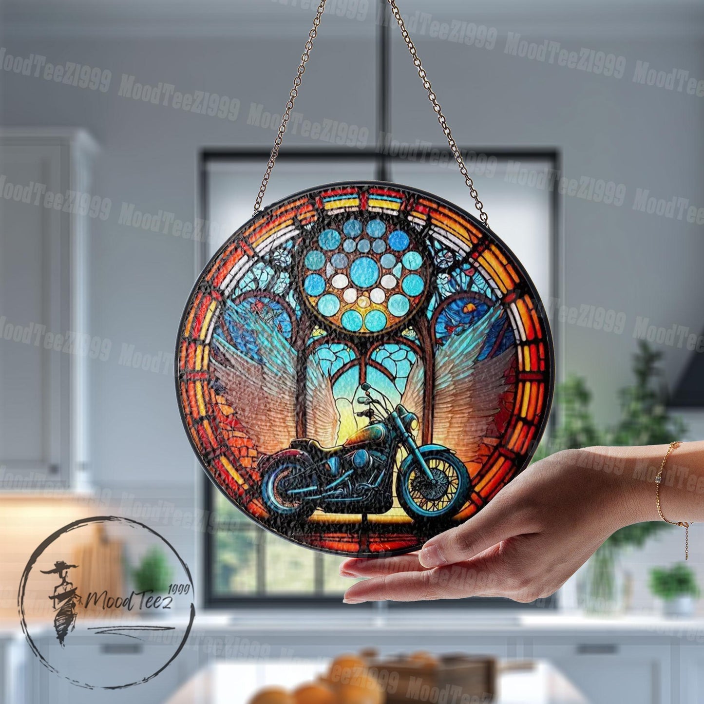 Motorcycle Stained Glass Suncatcher: Biker Angel Wings Memorial Decor