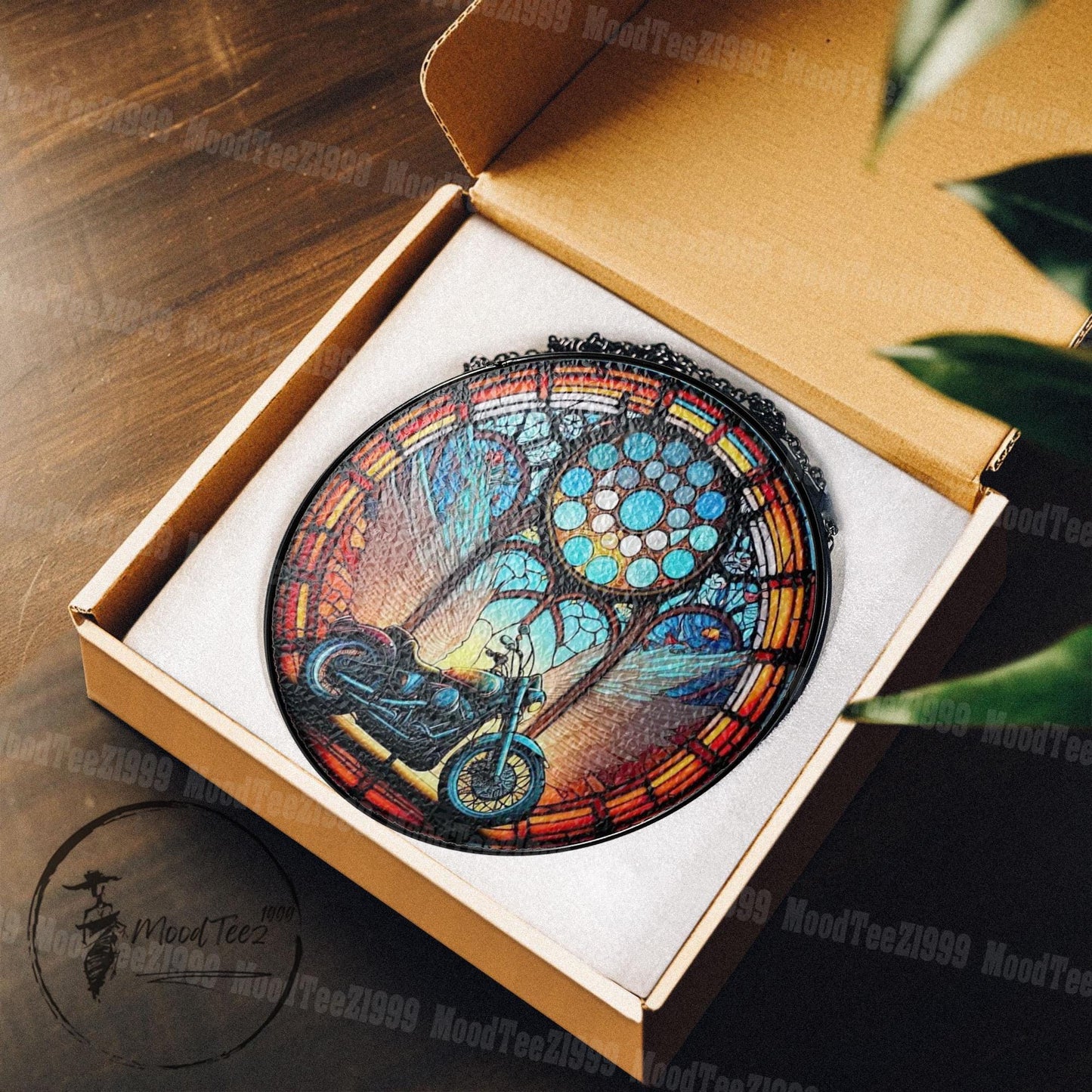 Motorcycle Stained Glass Suncatcher: Biker Angel Wings Memorial Decor