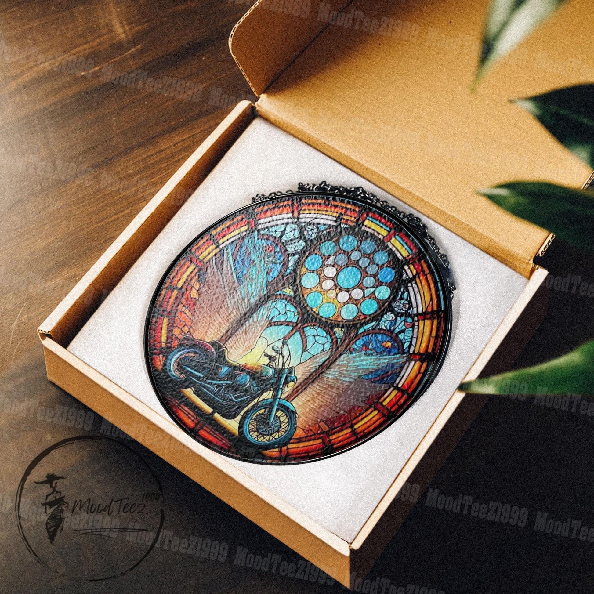 Motorcycle Stained Glass Suncatcher: Biker Angel Wings Memorial Decor