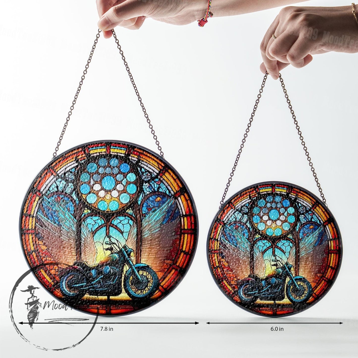 Motorcycle Stained Glass Suncatcher: Biker Angel Wings Memorial Decor