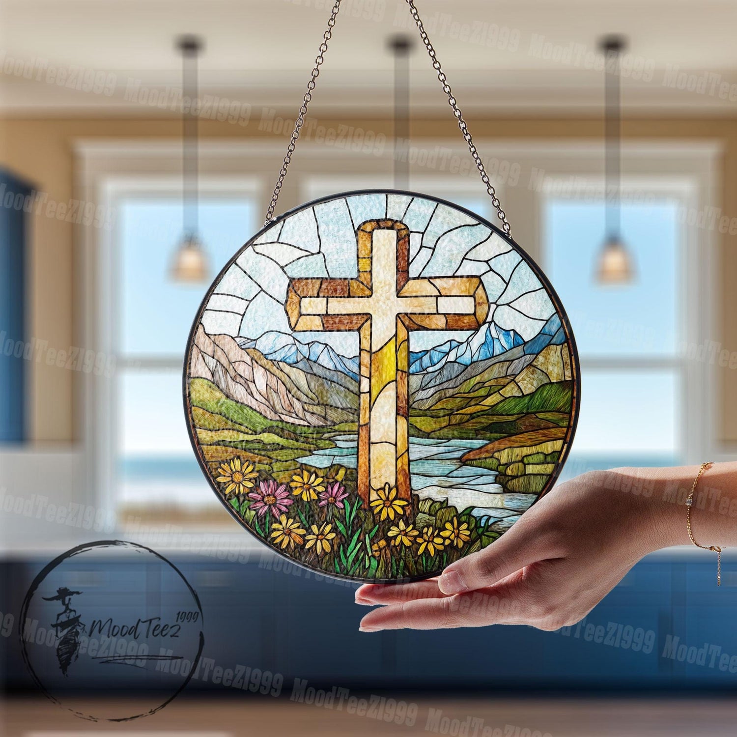 Stained Glass Cross Suncatcher: Scenic Mountain & Floral Window Hanging