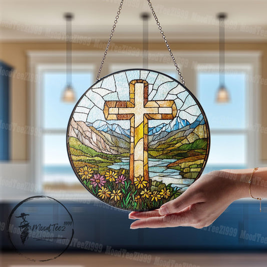 Stained Glass Cross Suncatcher: Scenic Mountain & Floral Window Hanging