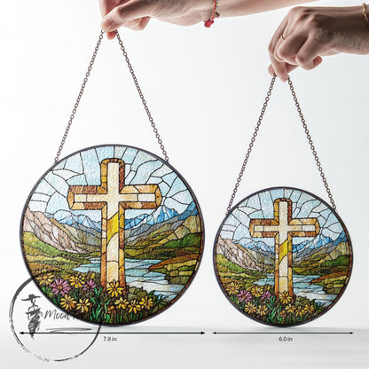 Stained Glass Cross Suncatcher: Scenic Mountain & Floral Window Hanging