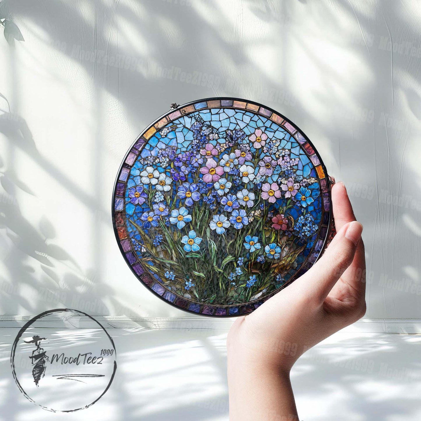 Forget-Me-Not Stained Glass Suncatcher: Floral Mosaic Window Hanging