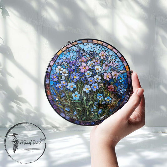 Forget-Me-Not Stained Glass Suncatcher: Floral Mosaic Window Hanging