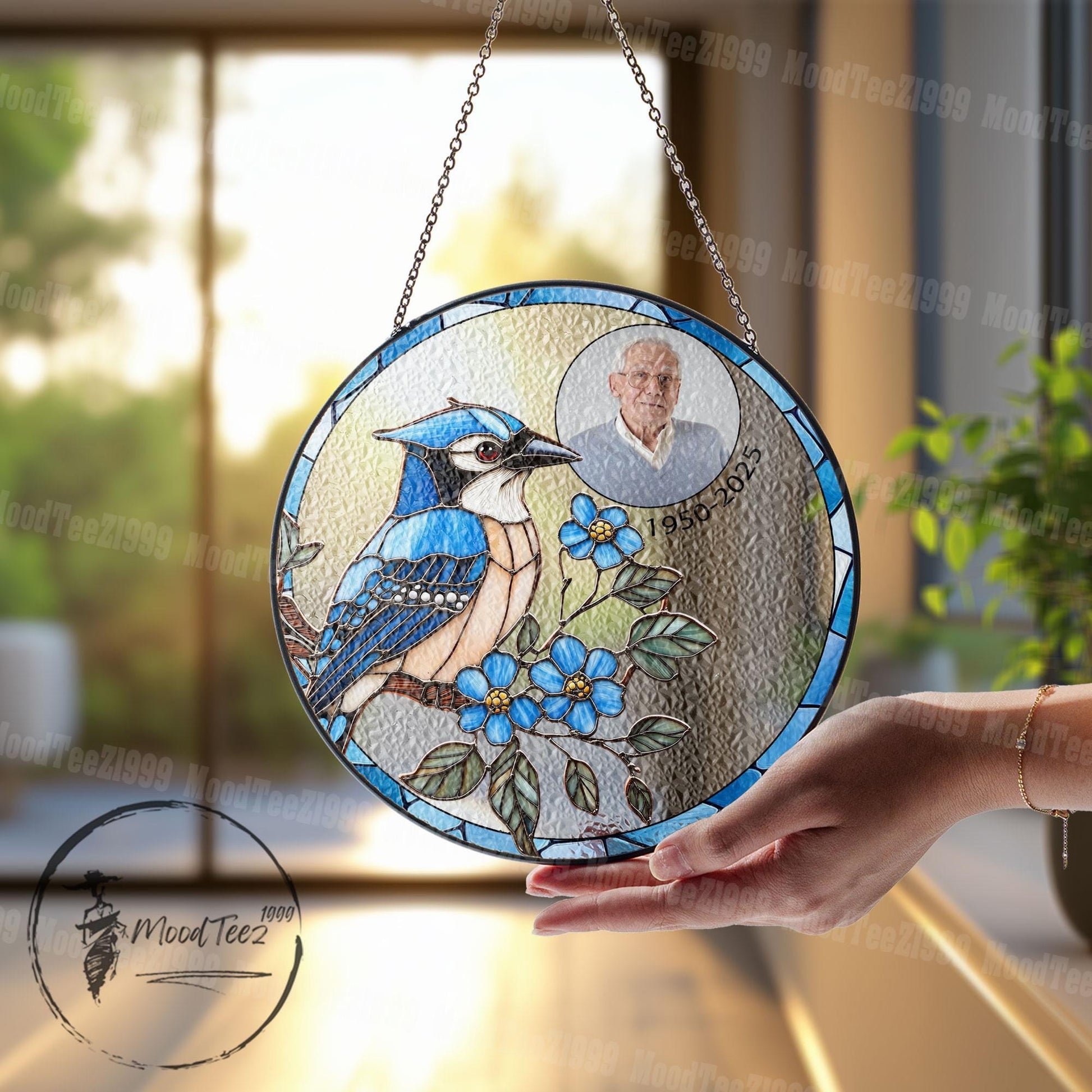 Custom Blue Jay Stained Glass Suncatcher: Personalized Memorial Gift