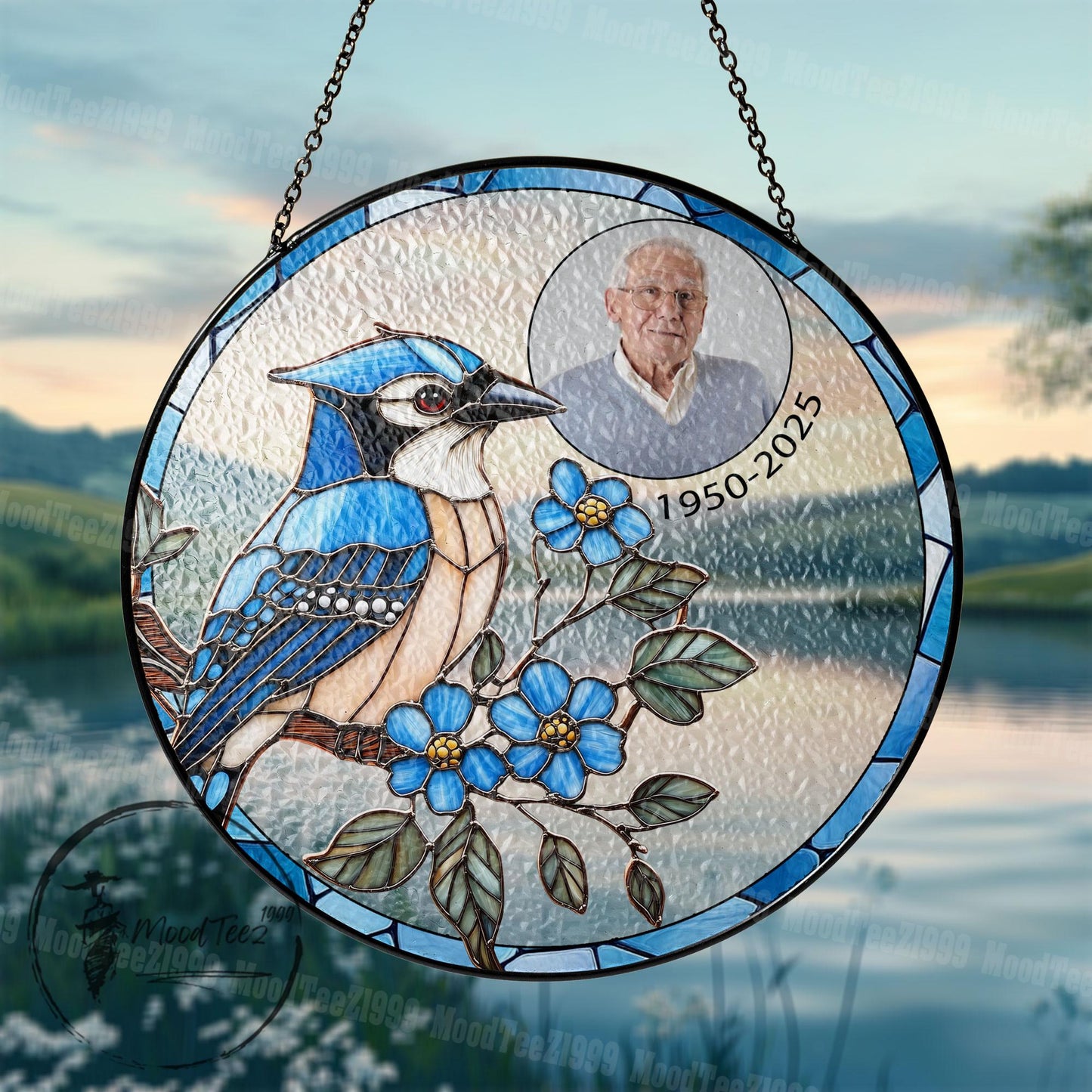 Custom Blue Jay Stained Glass Suncatcher: Personalized Memorial Gift