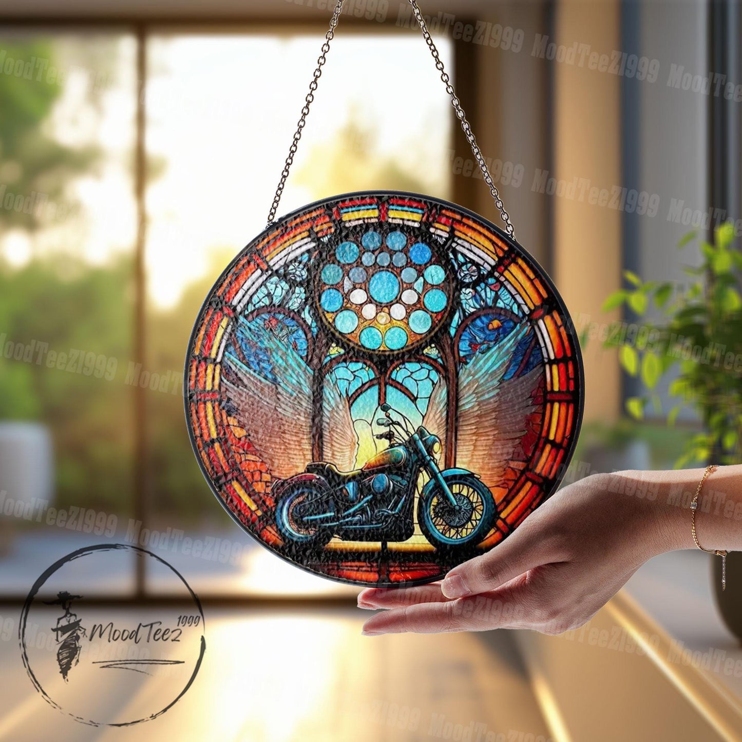 Motorcycle Stained Glass Suncatcher: Biker Angel Wings Memorial Decor
