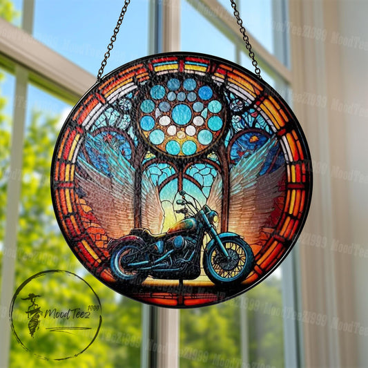 Motorcycle Stained Glass Suncatcher: Biker Angel Wings Memorial Decor
