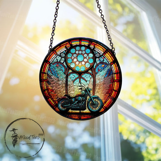 Motorcycle Stained Glass Suncatcher: Biker Angel Wings Memorial Decor