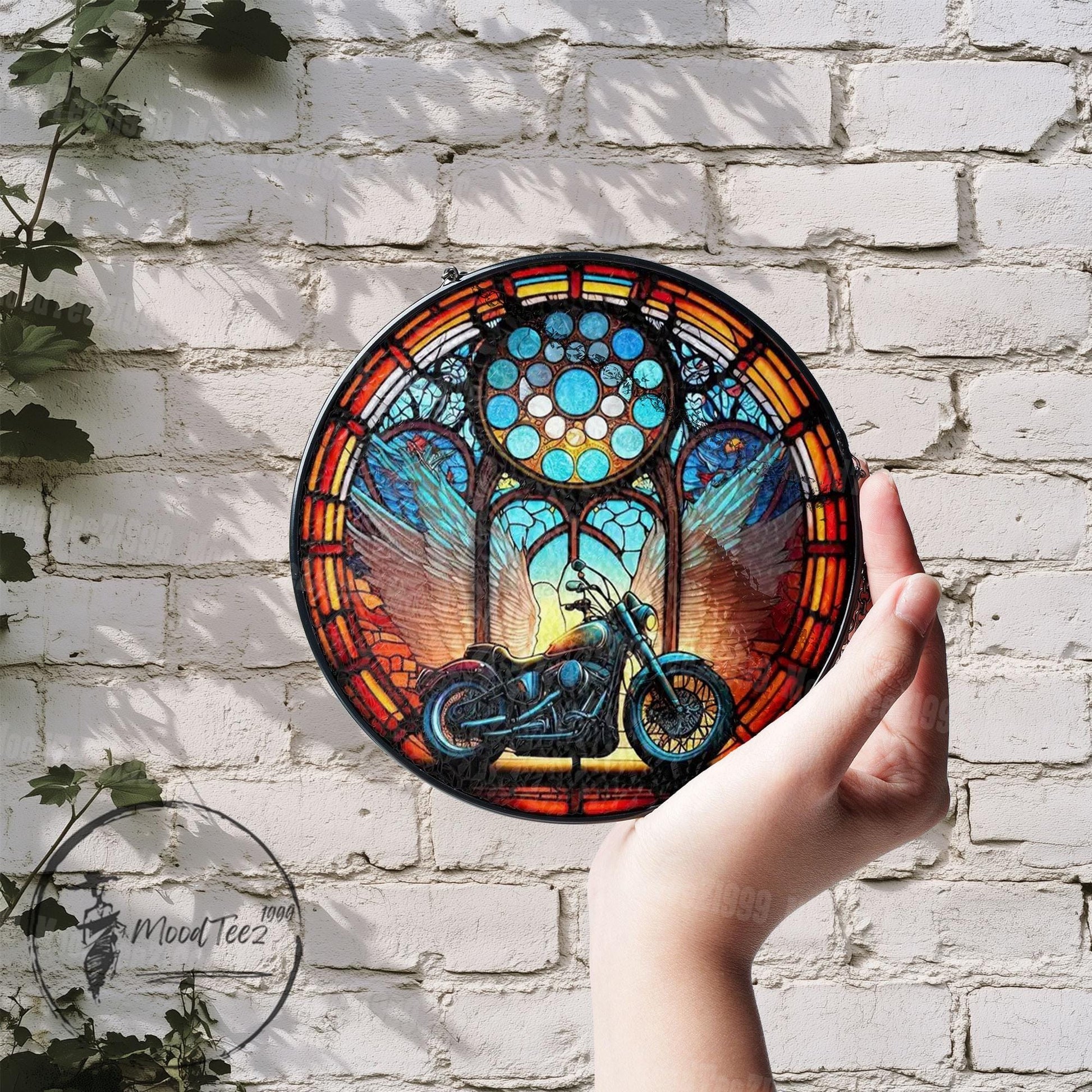 Motorcycle Stained Glass Suncatcher: Biker Angel Wings Memorial Decor