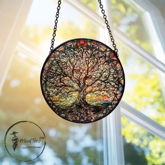 Tree of Life Stained Glass Suncatcher: Sunset Window Hanging