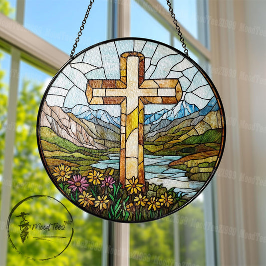 Stained Glass Cross Suncatcher: Scenic Mountain & Floral Window Hanging