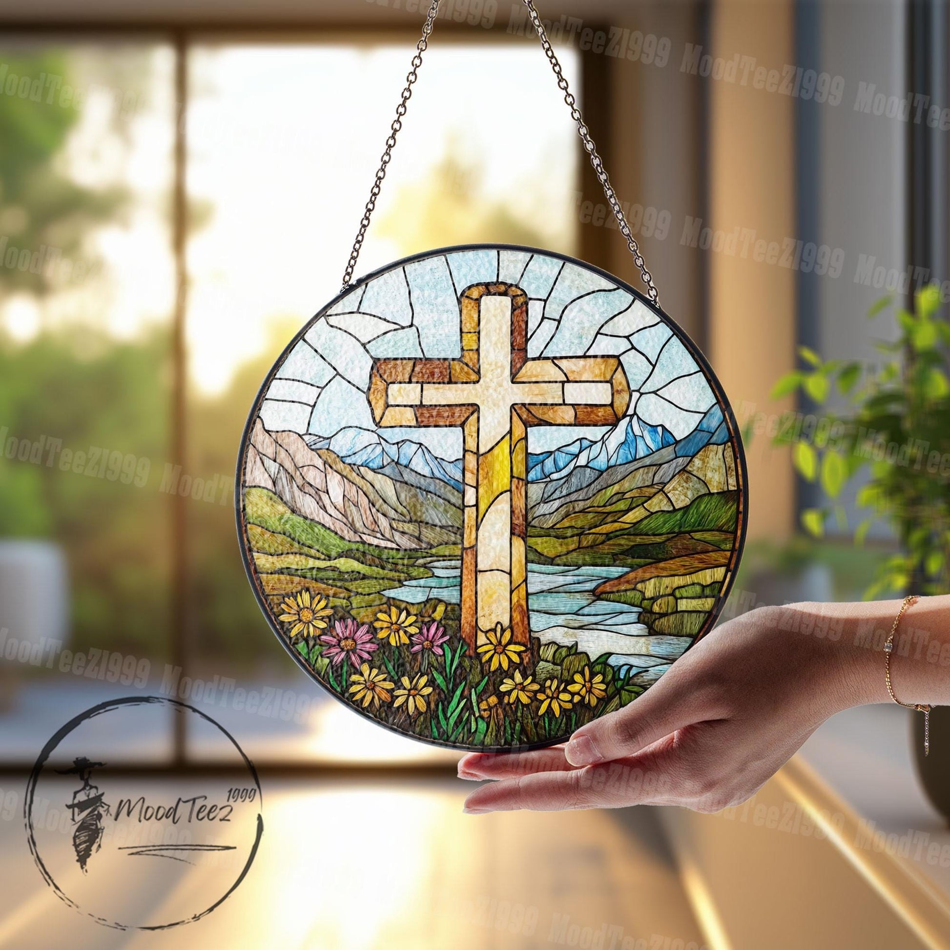 Stained Glass Cross Suncatcher: Scenic Mountain & Floral Window Hanging